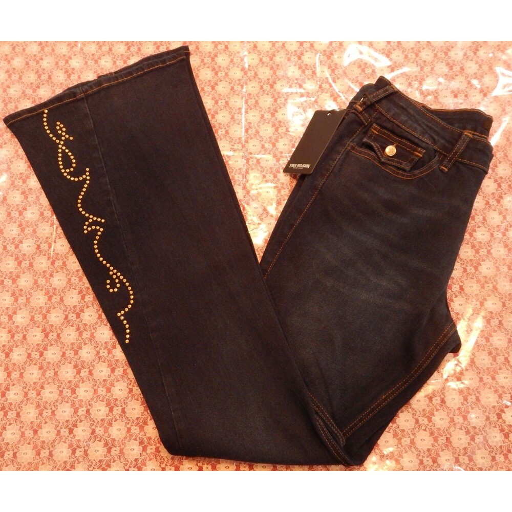 True Religion WOMENS 29/30 X 33 Joey Studs SN Flap Flare MID RISE DIST Jeans NWT